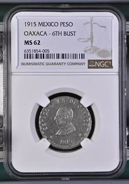 1915 Mexico Peso Oaxaca 6th Bust NGC MS62