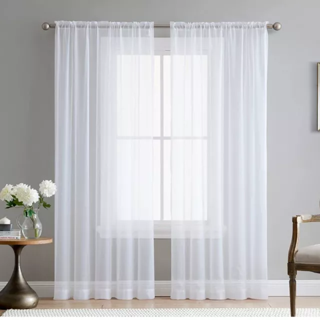 Voile Curtains Pair (2 Panels) Of White Sheer Net Slot Top Drapes -Top Quality T