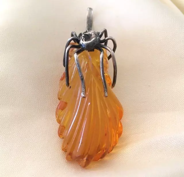 Vintage Genuine Baltic Amber Hand-Carved Freeform 800 Silver Spider Pendant