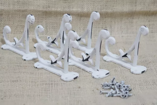 6 White Rustic Coat Hooks Antique Style Cast Iron 4.5" Wall Double Restoration