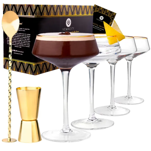 Martini Glasses Set of 4 with Gold Rims, Gold Bar Spoon & Double-sided Jigger
