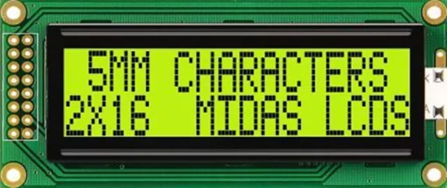 Midas MC21605B6WK-SPR MC21605B Alphanumeric LCD Display Green, 2 Rows by 16 Char