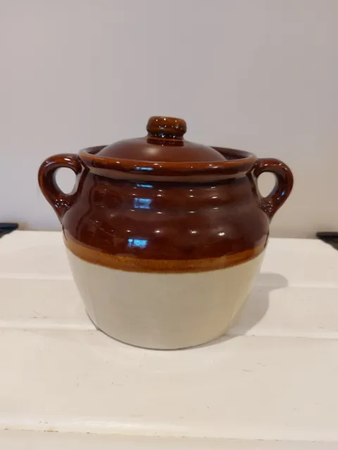 Vintage Pottery Stoneware Bean / Crock Pot  Brown and Tan