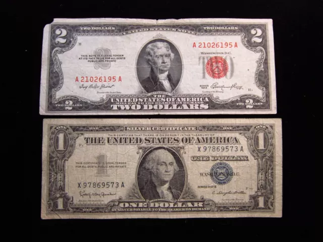 USA $2 1953 & $1 1957 US Note Silver Certificate Red Blue Seal Money 6195#