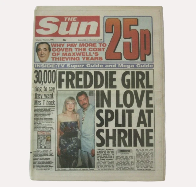 Queen freddie mercury the sun uk newspaper 3rd october 1992 mary