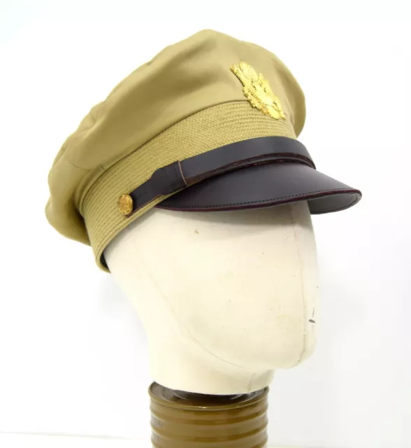 US Army Officers Peak Cap + Badge Khaki Crusher WW2 Military Dress Uniform Hat