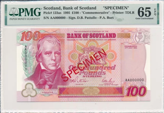 Bank of Scotland Scotland  100 Pounds 1995 Specimen PMG  65EPQ