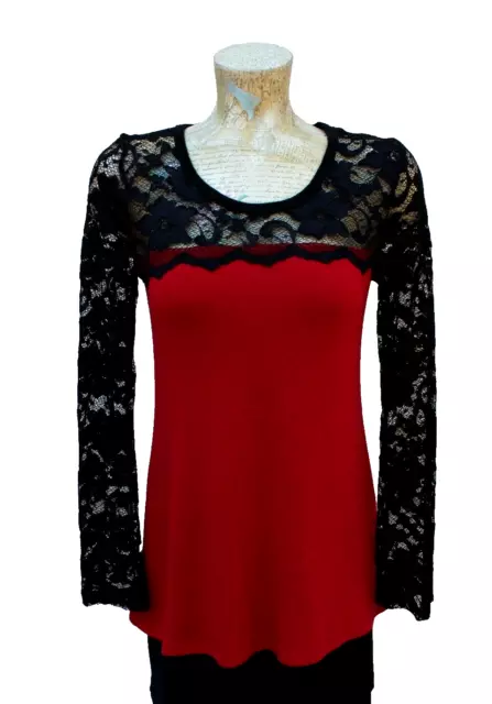 Karen Kane Feminine Red Sweater w/ Black Lace Upper Shoulders Arms - Sz XS - USA