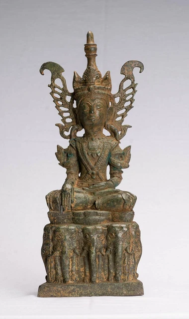 Ancien Birman Style Bronze Shan Assis Statue de Bouddha -