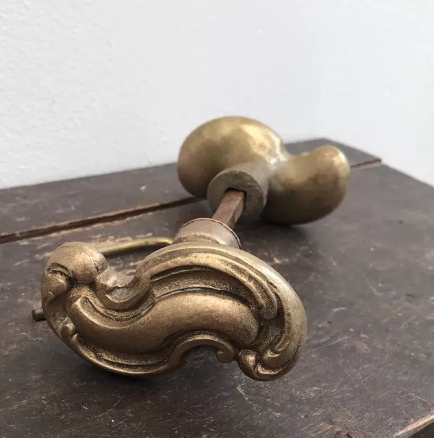 antique French Victorian Edwardian Solid Brass Door knob Heavy set pair lever 3