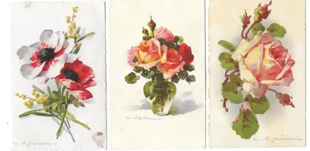 3 Belles CPA carte postale ancienne jolies roses anémones par Klein aquarelles