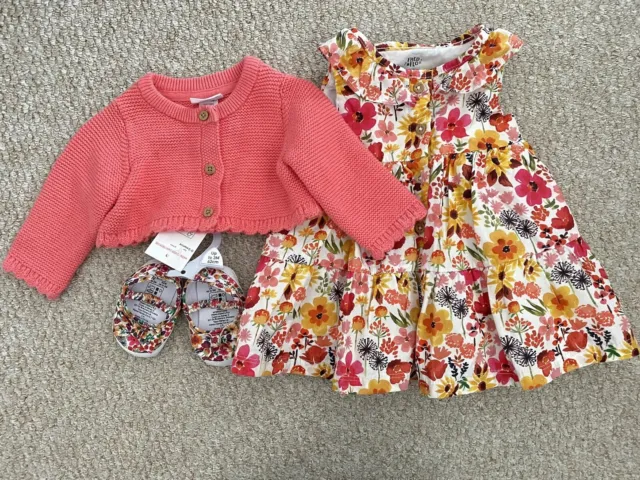 Baby Girls 0-3 Months Outfit Flower Dress Cardigan Shoes F&F VGC