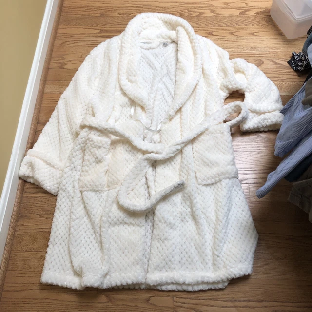 Womens Bathrobe Ladies Fluffy Spa Robe Shawl Collar Plush off white OS