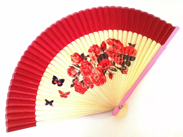 Chinese Bamboo Hand Folding Fan in hand painted PeonyFlower & Butterfly design