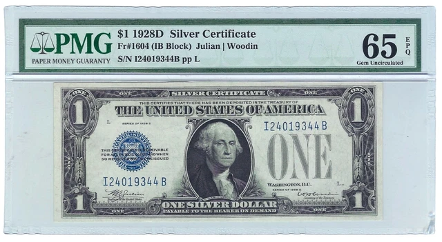 1928 D $1 PMG 65 EPQ Funny Back Silver Certificate, Scarce GEM Uncirculated Note