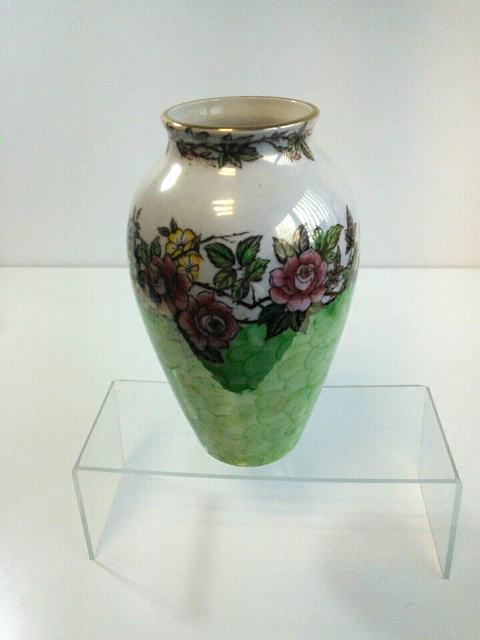 Vintage Maling Thumbprint Lustreware Green Rosine Vase Gilt Edging Top Rim 8.5 "