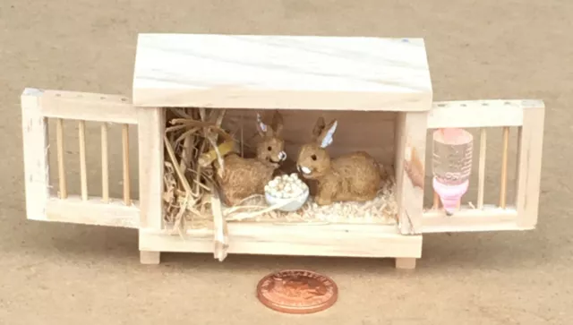 Natural Finish Wooden Hutch With 2 Pet Rabbits Tumdee 1:12 Scale Dolls House