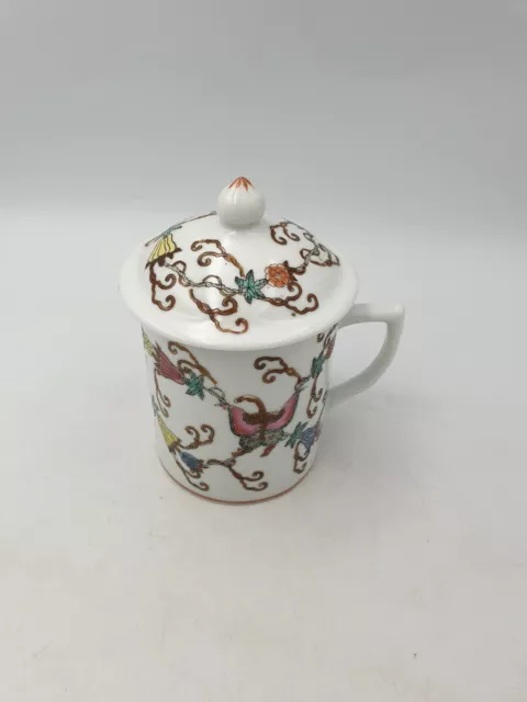 Tasse Vintage À Couvercle En Porcelaine Blanche Chinoise Peinte À La Main Tiges Florales Marron
