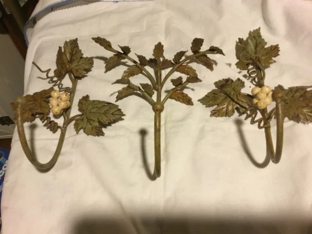 3pcs - Vtg Rustic Hand Made Wrought Iron Wall Coat Towel Hooks maple leaf berrie