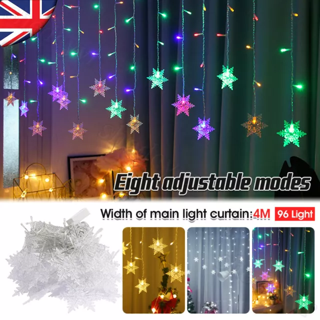 Christmas LED Curtain Snowflake Lights Window String Fairy Waterproof Decor Xmas