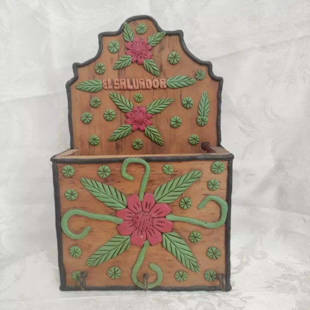 Portacartas de madera artesanal con 3 ganchos para llaves colorido aplique de flores el...