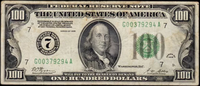 1929 Chicago $100 "Gold on Demand" Numeric Seal Federal Reserve Note VF Stains