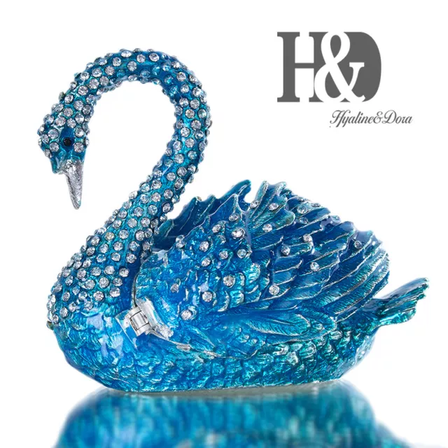 Handmade Blue Crystal Metal Swan Trinket Box Figurines Jewelry Collectible Gift