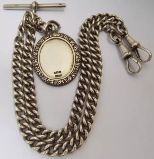 SUPERB HEAVY 59g ALL ORIG ANTIQUE 1911 SOLID STERLING SILVER DOUBLE ALBERT CHAIN
