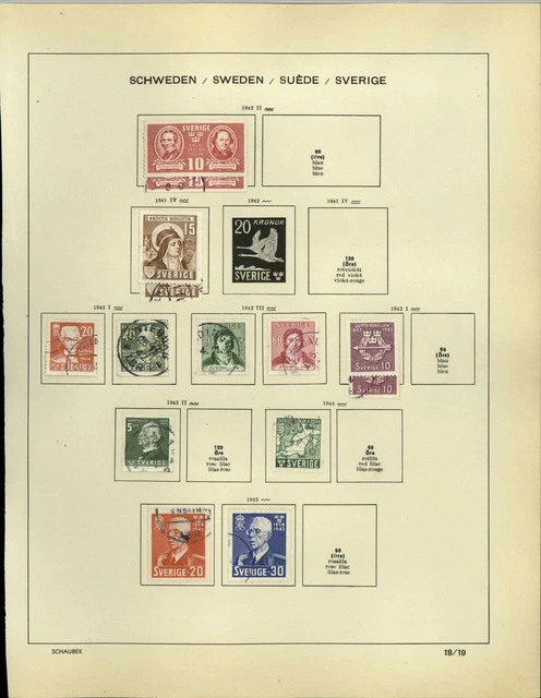 Sweden 1942-1943 Album Page Of Stamps #V18849