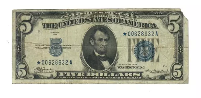 1934 $5 Silver Certificate Star Note Fr#1650* Fine+ Net