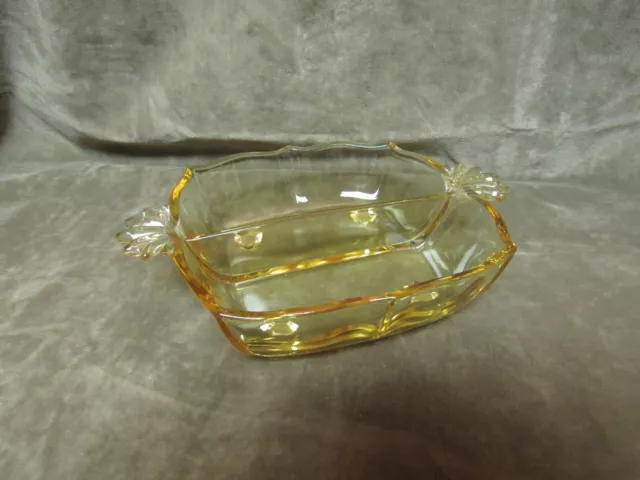 1930's Fostoria Glass Baroque Topaz Yellow Divided Relish or Candy Dish 2 Part