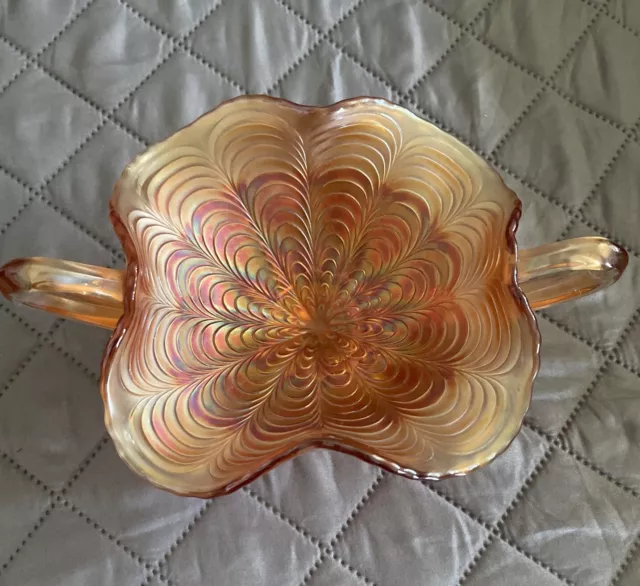 Vintage Fenton 2-Handled Candy Dish Bowl Peacock Tail Iridescent Marigold