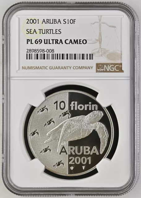 2001 Aruba SEA TURTLE Silver 10 Florin S10F NGC Prooflike PL69 Proof Netherlands