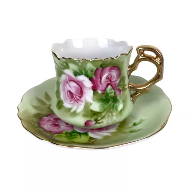 Lefton China Hand Painted Green & Pink Rose Teacup & Saucer Set, Gold Vintage