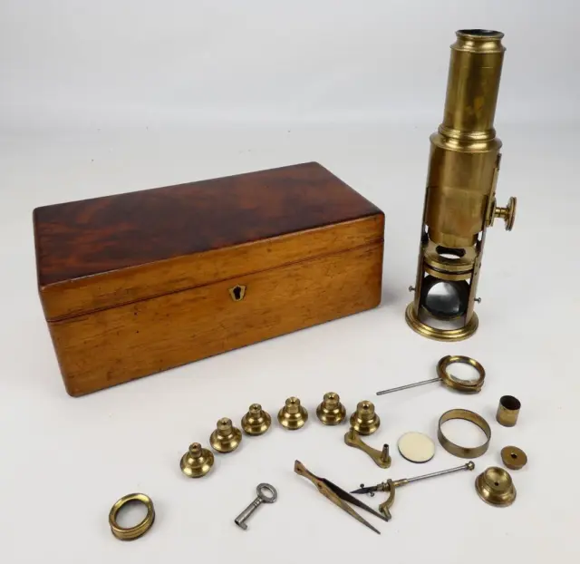 Vintage brass drum microscope with accessories and case c1850      #2599