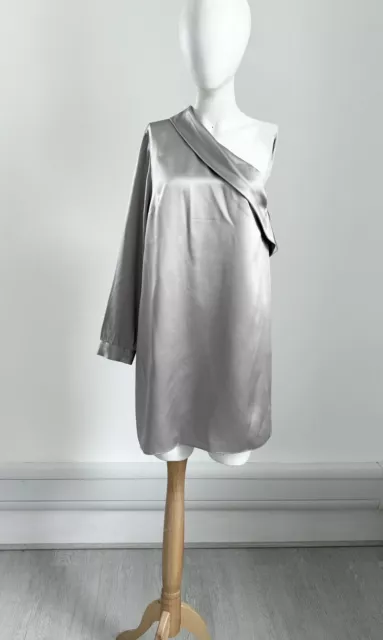 MASON MICHELLE Silver Dove Grey One Sleeve SILK Satin Dres size 4 UK 10-12 *VGC*