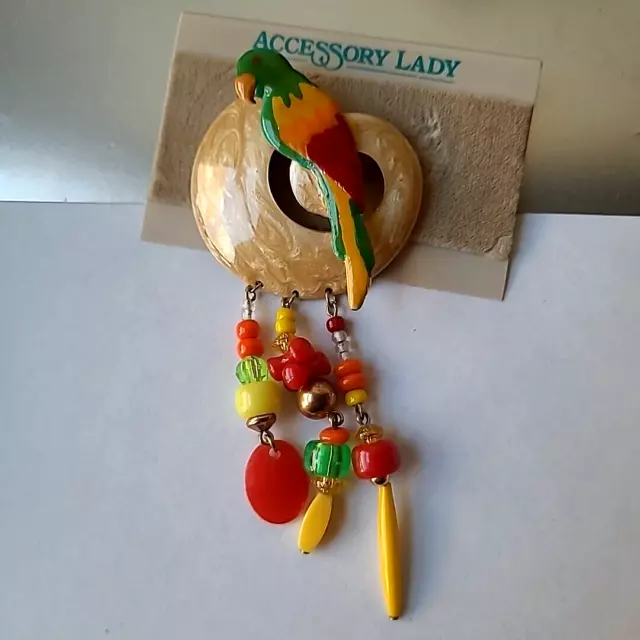 Vintage Estate Accessory Lady Enameled Parrot Dangle Beads Pin Brooch 4"L