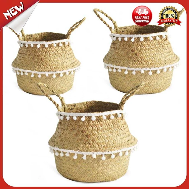 es Foldable Straw Hanging Bellied Basket Home Garden Flower Pot Planter with Han