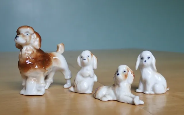 4 Miniature Bone China Dog Ornaments Poodle Spaniel