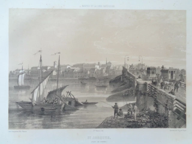 NANTES St Jacques Pont de Pirmil Lithograph View LARGE ANTIQUE ENGRAVING 1850
