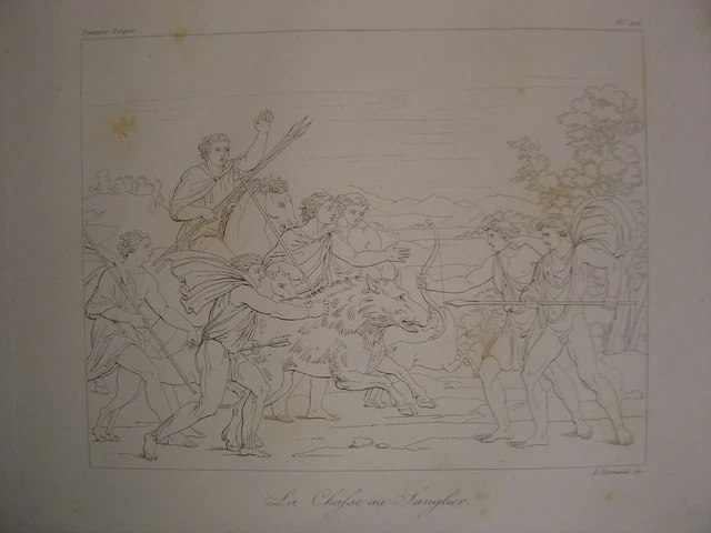 Engraving of the Antique Hunters Boar Hunt c1845 Tomb of the Nasons