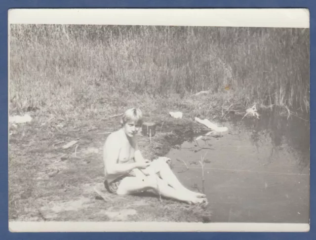 Shirtless guy in swim trunks, bare torso bulges muscles, bare feet Vintage Photo