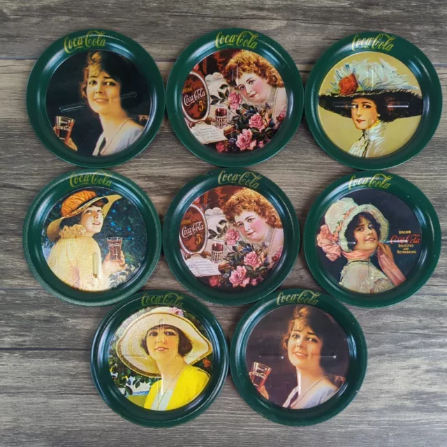 8 Vintage 1983 Coca Cola Tin Metal Coasters 3.5" Victorian Ladies Set Green
