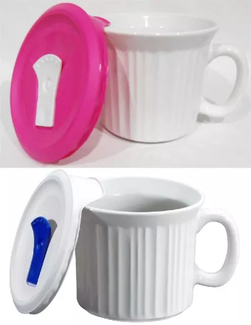 ❤️ CORNINGWARE 20-oz Soup MEAL MUG w/VENT LID Stoneware Microwave WHITE PINK