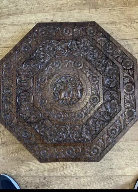 Antique Heavily Carved Indian Elephant Wooden Hexagonal Table Top Only