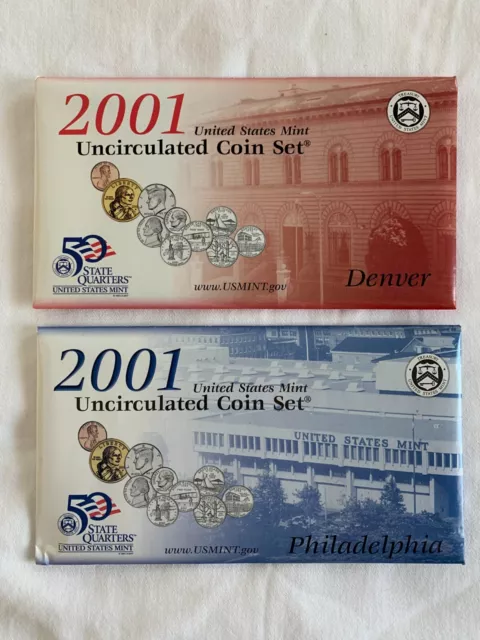 2001 P&D Mint Set Brilliant Uncirculated US with Envelopes & COA's (20 Coin Set)