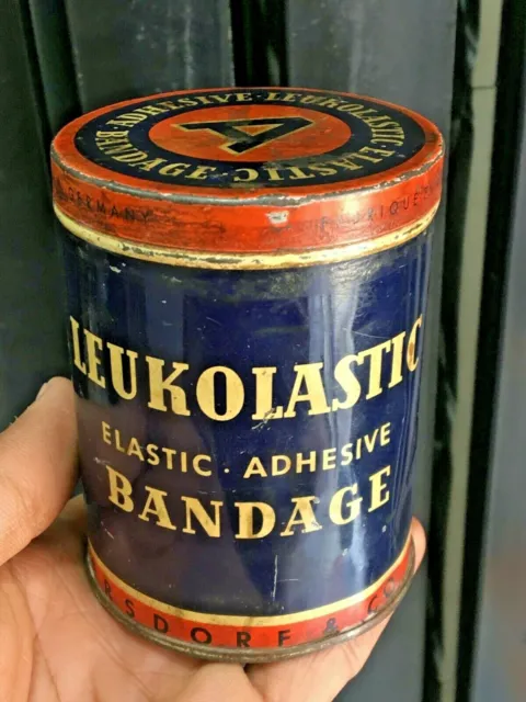 Vintage Ancien LEUKOLASTIC Élastique Adhésif Bandage Adv. Fer Boite Allemagne