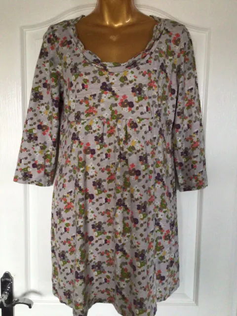 Boden Light Grey Floral 3/4 Length Sleeve Cotton Boho Tunic Dress Size 12