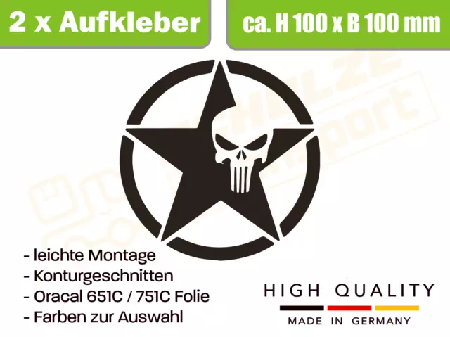 2 Stück Skull Punisher Aufkleber 10x10 cm Stern Totenkopf Auto Sticker Schädel