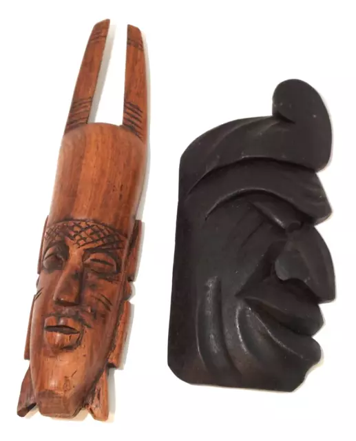 Vintage 2 Small Hand Carved Wood Wooden African TRIBAL Face Masks Wall hanging